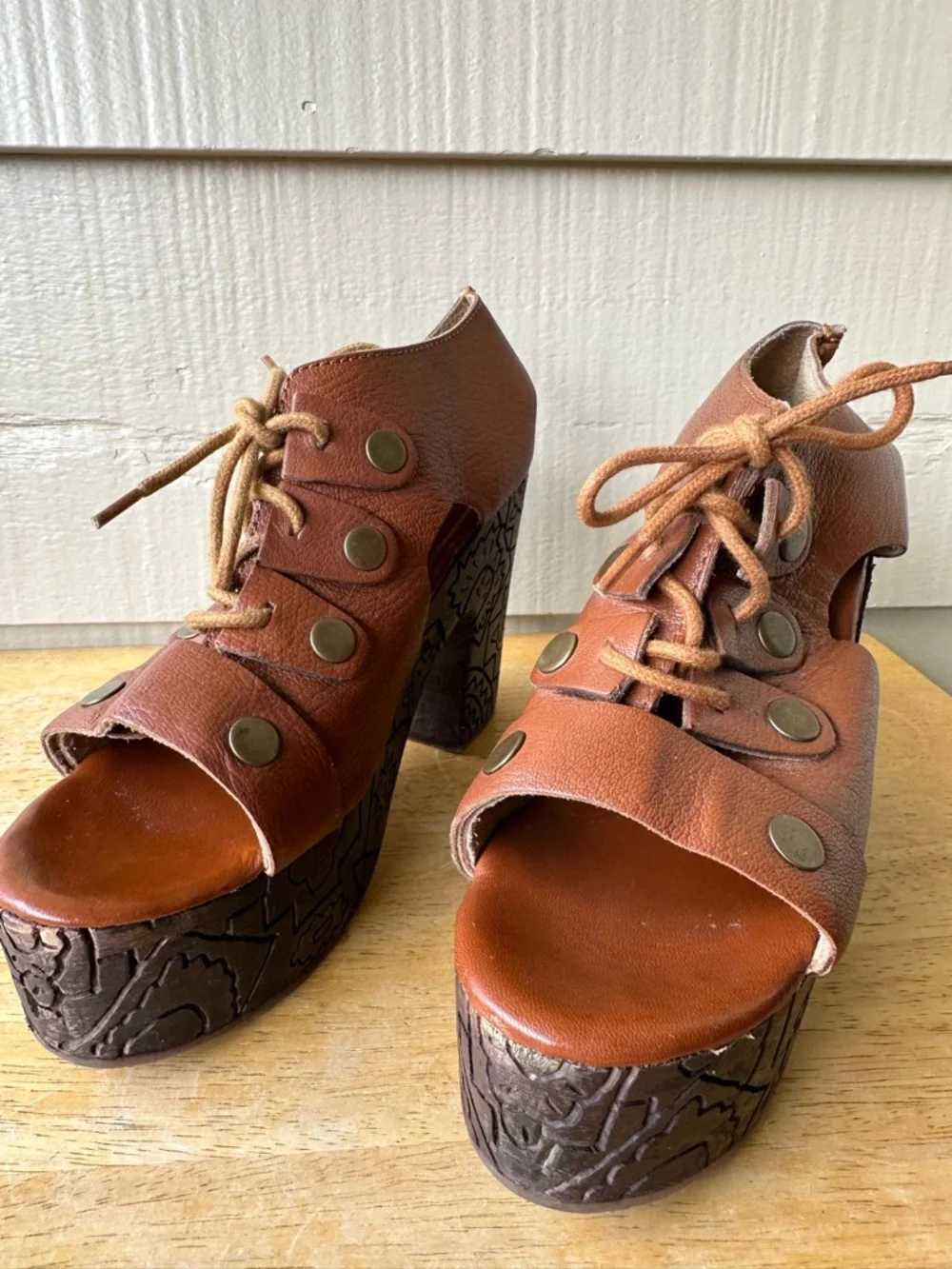 Free People Farrah Brown Leather Wooden Heel Engraved Platform Sandal Brown